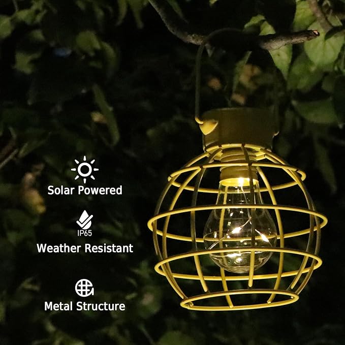 2 Pack Solar Lanterns Outdoor Hanging Lights, Metal Solar Lantern Outdoor Waterproof Auto On/Off Solar Light for Patio Backyard Pathway Porch, Yellow