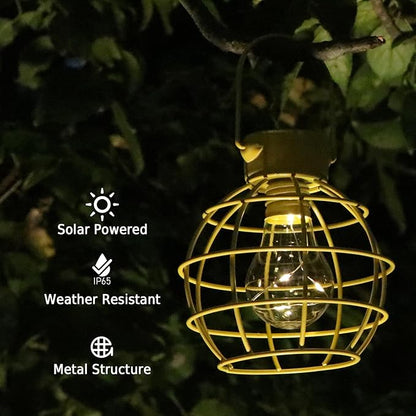 2 Pack Solar Lanterns Outdoor Hanging Lights, Metal Solar Lantern Outdoor Waterproof Auto On/Off Solar Light for Patio Backyard Pathway Porch, Yellow