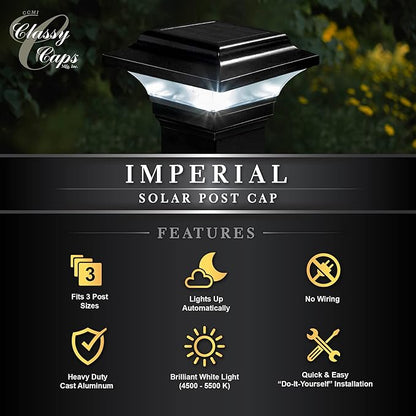 Classy Caps Imperial Solar Post Cap - Black SLO82B – Fits 2"x2", 2.25"x2.25", and 2.5"x2.5" Post Sizes, High-Performance Solar LED, Durable Cast Aluminum Construction, Warm & Cool Light Modes