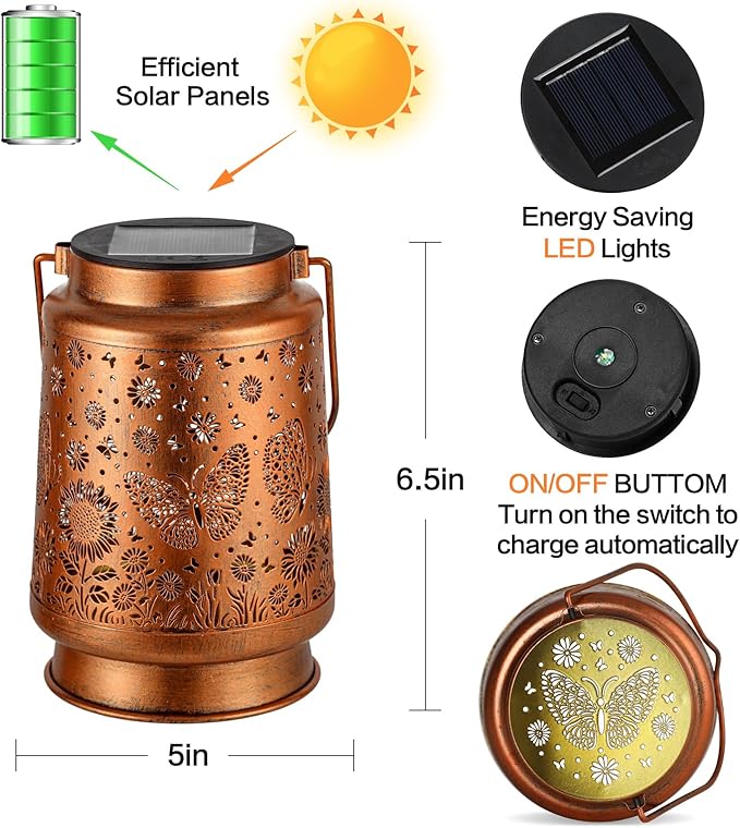 2 Pack Butterfly Solar Lanterns Outdoor Waterproof Sunflower Garden Decor Birthday Gifts for Women Mom Grandma Hanging Solar Lights Metal Lantern Decoration Outside for Porch,Patio,Yard,Backyard