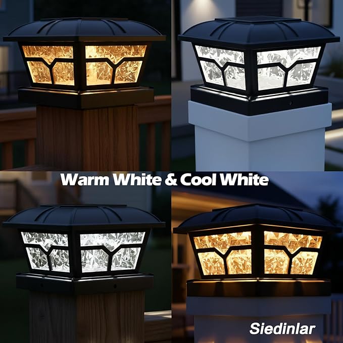 SIEDiNLAR Solar Post Cap Lights Outdoor 2 Color Modes 8 LEDs for 4x4 5x5 6x6 Posts Fence Patio Deck Decoration Warm White & Cool White Lighting Black (2 Pack)
