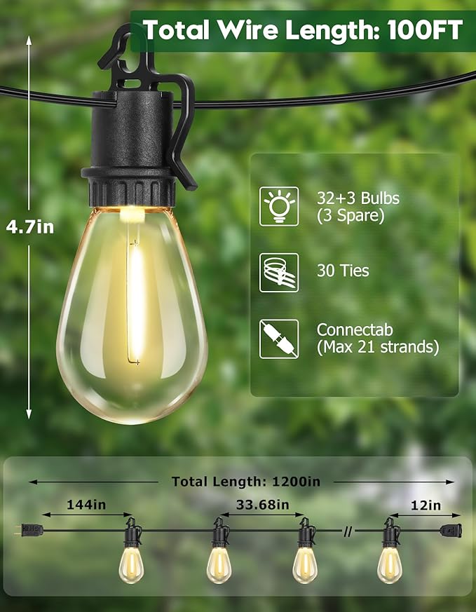 100ft String Lights for Patio, Waterproof LED
