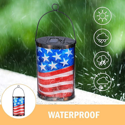 Afirst Solar Lantern Outdoor Hanging Glass Solar American Flag Lights Waterproof Led Lamp for Garden Yard Tree Desk Decor