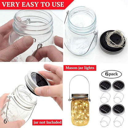 6 Pack Solar Mason Jar Lights for Outside, 30 LED Solar Mason Jar Lids Fairy Lights with 6 Hangers(No Jars) Outdoor Waterproof for DIY Patio Garden Yard Lawn Party Wedding Decoration Warm White