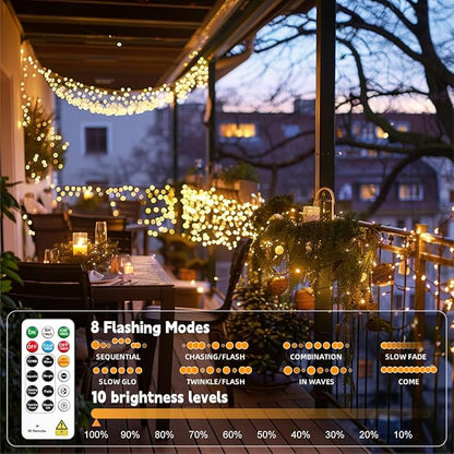 HXWEIYE Rechargeable Fairy Lights with Remote, 2 Pack 33ft 100LED Twinkle Lights with DIY Timer & Light Sensor, Waterproof Outdoor String Lights for Bedroom Patio Christmas Tree Decor, Warm White