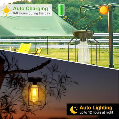 Solar Lights Outdoor Waterproof,Solar Lantern 2 Pack,Metal Hanging Outdoor Lanterns,Handle with Edison Bulb Solar Powered Lights for Yard Garden Patio Porch Pathway Decor