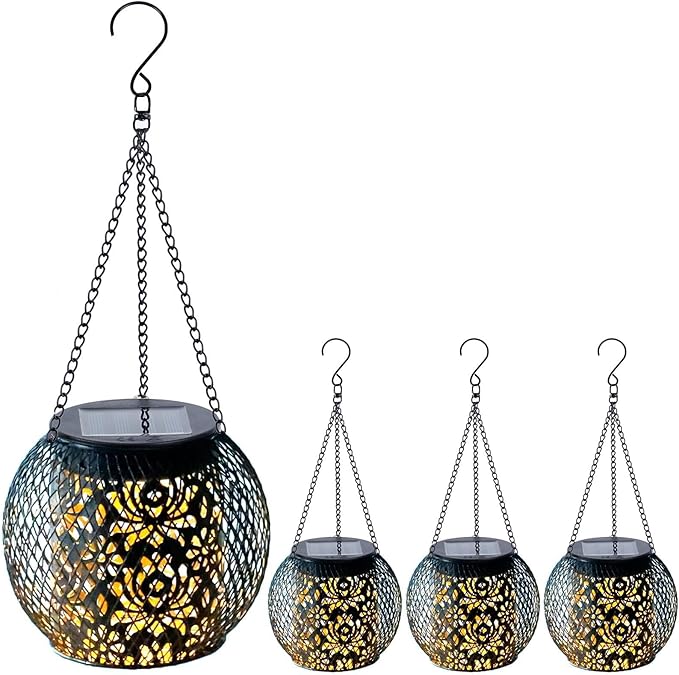 Solar Lanterns Outdoor Waterproof, 4 Pack Hanging Solar Lights Outside Garden Decor, Gifts for Women Mom Grandma Metal Decorative Lantern for Patio Yard Porch Balcony Backyard Lawn(4.6x4.6inch)