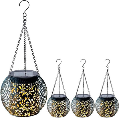 Solar Lanterns Outdoor Waterproof, 4 Pack Hanging Solar Lights Outside Garden Decor, Gifts for Women Mom Grandma Metal Decorative Lantern for Patio Yard Porch Balcony Backyard Lawn(4.6x4.6inch)