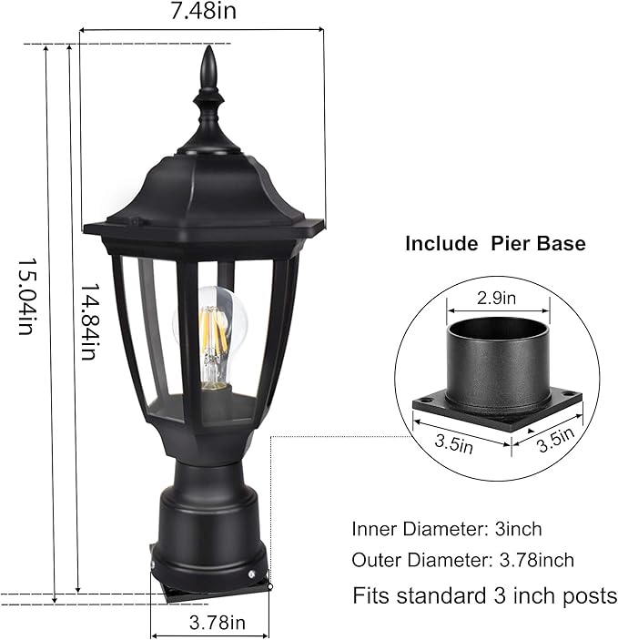 FUDESY Outdoor Post Lights, Electric Exterior Lamp Post Light Fixture with Pier Mount Base, LED Bulb Included, Anti Corrosion Black Plastic Materials, Pole Lanterns for Garden, Patio, Pathway