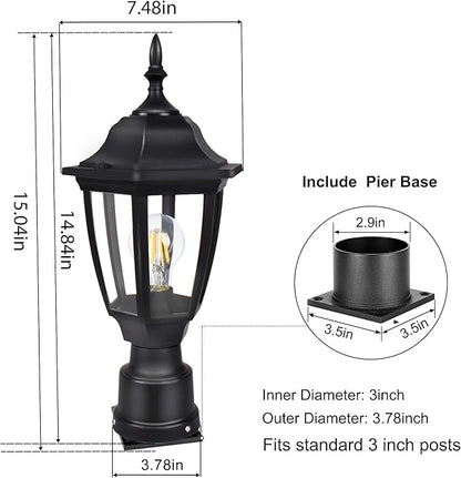 FUDESY Outdoor Post Lights, Electric Exterior Lamp Post Light Fixture with Pier Mount Base, LED Bulb Included, Anti Corrosion Black Plastic Materials, Pole Lanterns for Garden, Patio, Pathway