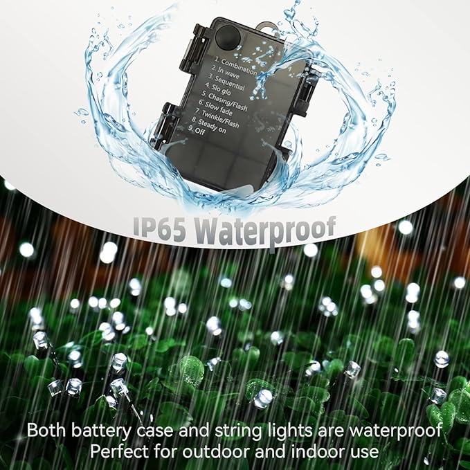 Outdoor Christmas String Lights 33Ft 100LED Battery Fairy Lights for Indoor Outdoor Waterproof Remote Timer 8Modes String Lights for Garden Party Holiday Xmas Trees Décor (Cold White)