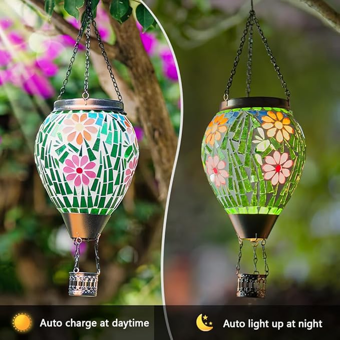 Mosica Hot Air Balloon Solar Lantern, Flower Pattern Glass Hanging Solars Lanterns Outdoor Waterproof Decorative Solar Light for Garden, Yard, Patio Decor