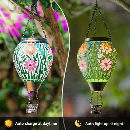 Mosica Hot Air Balloon Solar Lantern, Flower Pattern Glass Hanging Solars Lanterns Outdoor Waterproof Decorative Solar Light for Garden, Yard, Patio Decor