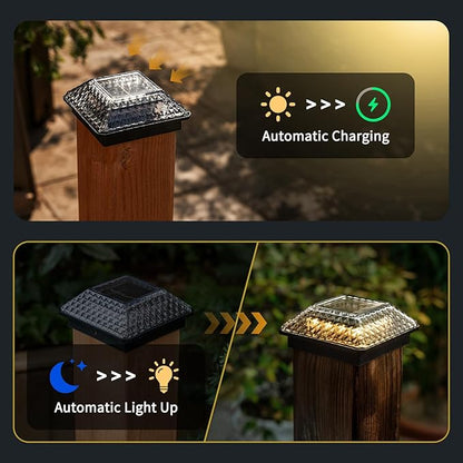Glass Solar Post Cap Lights with Crystal Style - Decorative Deck Fence Lights for 4x4 5x5 Posts Hidden Solar Panel, Modular Design, 10Hr Runtime, IP65, Warm White, Black, 8 Pack