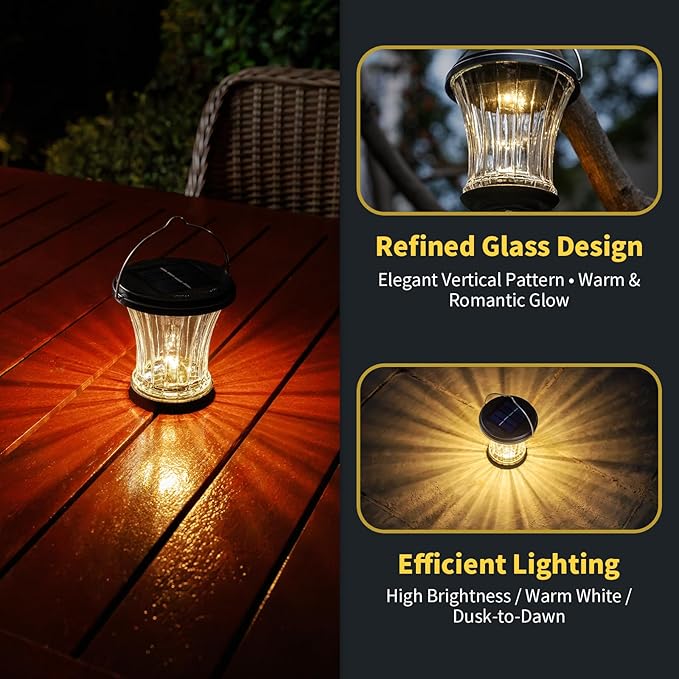Glass Solar Lantern Outdoor, Waterproof Hanging Solar Lights for Outside with Modular Design, 3000K LED, Auto On/Off Table Lamp for Garden Patio Yard Fence Wall Decorative, Warm White(2 Pack)