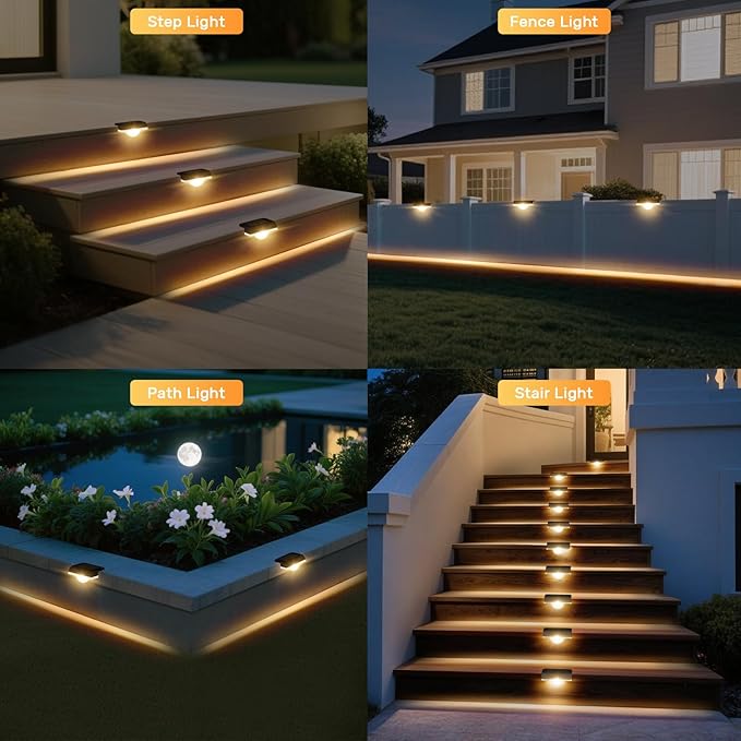 Solar Stair Lights Outdoor Waterproof, 8 Pack Solar Step Lights for Outside Warm White Deck Lighting for Step, Stair, Porch, Railing, Patio, Yard, Front Door, Sidewalk, Poolside, Balcony