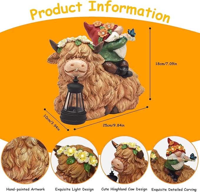 WINTS Solar Highland Cow Gnome Light Outdoor Statues, Christmas Highland Cow with Lantern for Lawn Yard Outdoor Garden Decorations, Heartwarming Gift for Mom & Women