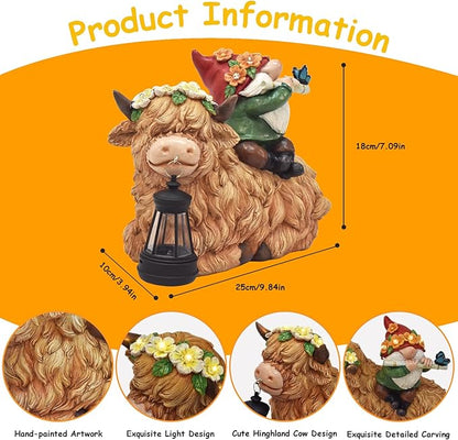 WINTS Solar Highland Cow Gnome Light Outdoor Statues, Christmas Highland Cow with Lantern for Lawn Yard Outdoor Garden Decorations, Heartwarming Gift for Mom & Women