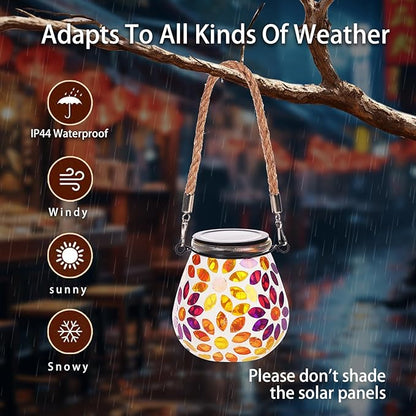 Mosaic Solar Lights Outdoor Lanterns, Decorative Mosaic Glass Solar Lamps Outdoor Waterproof, Hanging Lanterns Solar Night Lights for Garden,Patio,Pathway & Yard Décor (Flower)