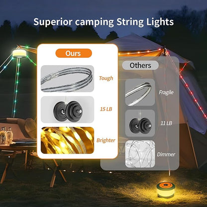 Camping String Lights, 3 in 1 Upgraded Retractable RGB Outdoor Tent Lights with 19 Modes, Quick 30s Recovery, 32.8 FT Portable, Rechargeable Camping Lantern (Green & Orange)