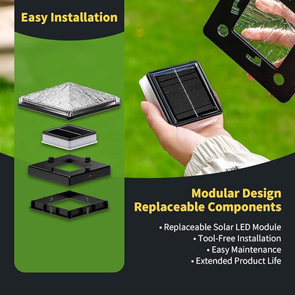 Glass Solar Post Cap Lights with Timber Style - Decorative Deck Fence Lights for 4x4 5x5 Posts Hidden Solar Panel, Modular Design, 10Hr Runtime, IP65, Warm White, Black, 8 Pack
