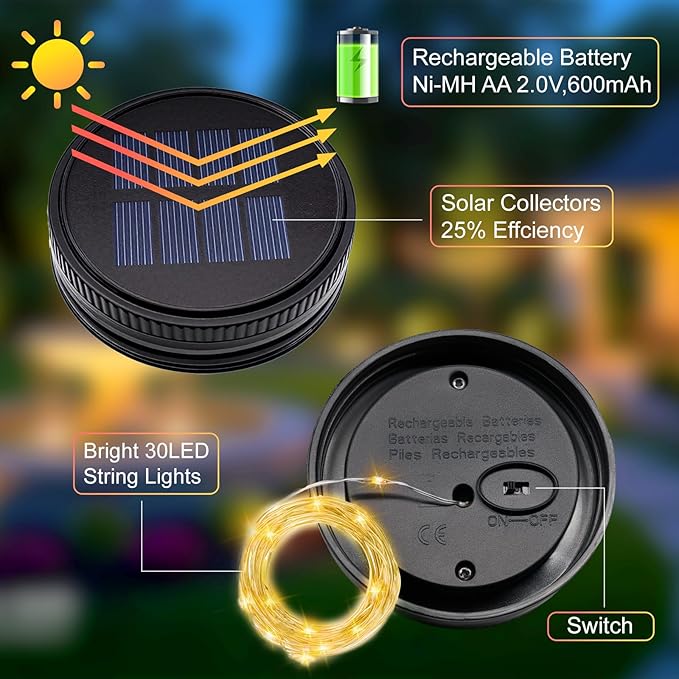 2 Pack Solar Light Replacement Top, Replacement Solar Light Parts for Mason Jar Lantern,Outdoor Decorative Waterproof Table Fairy Lights for Patio Yard Lawn Tree