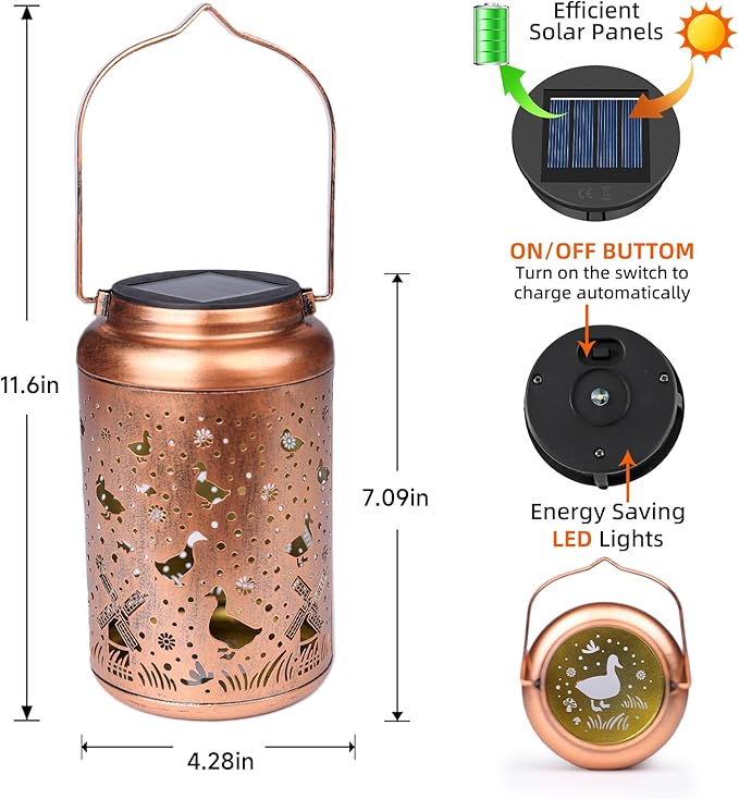 2Pack Duck Solar Lanterns Outdoor Waterproof Hanging Solar Lights Duck Gifts for Women Mom Metal Lantern Decoration Outside LED Light for Garden, Yard, Patio, Backyard, Porch, Pathway, Lawn, Landscape