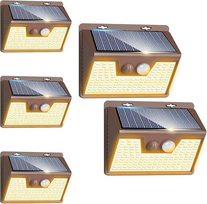 Peasur Solar Outdoor Lights [5 Pack/140LED], 3000K Warm Light Motion Sensor Outdoor Powered Security Lights 3 Working Modes Waterproof for Outside Garden Yard, Brown Frame