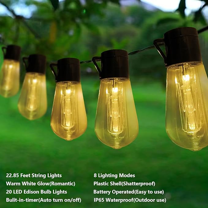 Battery Operated Outdoor Lights 22.8Ft 20 LED Edison Bulbs String Lights with 8 Modes & Timer, USB Plug in Fairy String Light for Indoor, Outdoor, Bedroom, Balcony, Patio, Camping, Christmas Decor