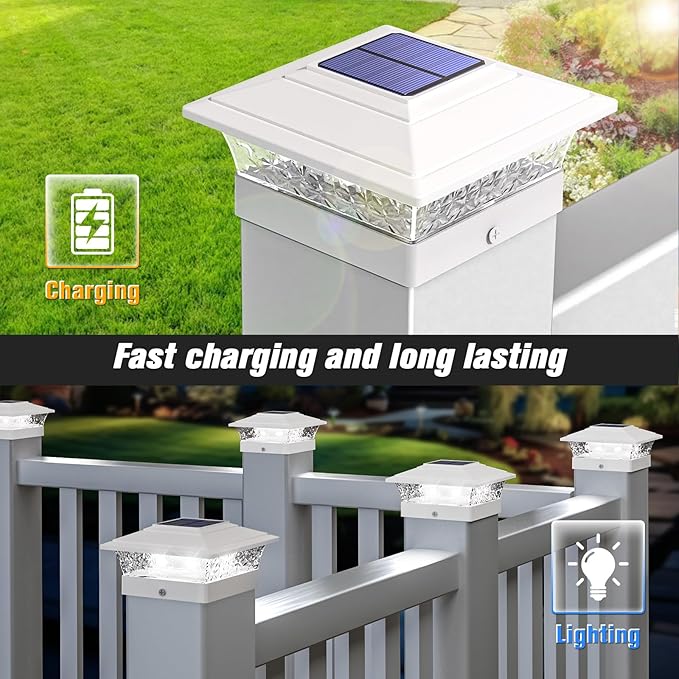 Solar Post Cap Lights Outdoor 12pack, Waterproof Fence Post Lights with 16 Ultra Bright LEDs Fit 4x4/5x5/6x6 Wood/Vinyl Posts, White Deck Post Lights with Warm/Cool White for Garden Patio Porch Yard