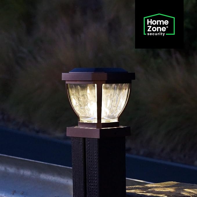 Home Zone Security Solar Post Cap Lights - Decorative Glass LED Outdoor 4x4 (3.5 x 3.5 in.) Post Lights, Bronze (2-Pack)