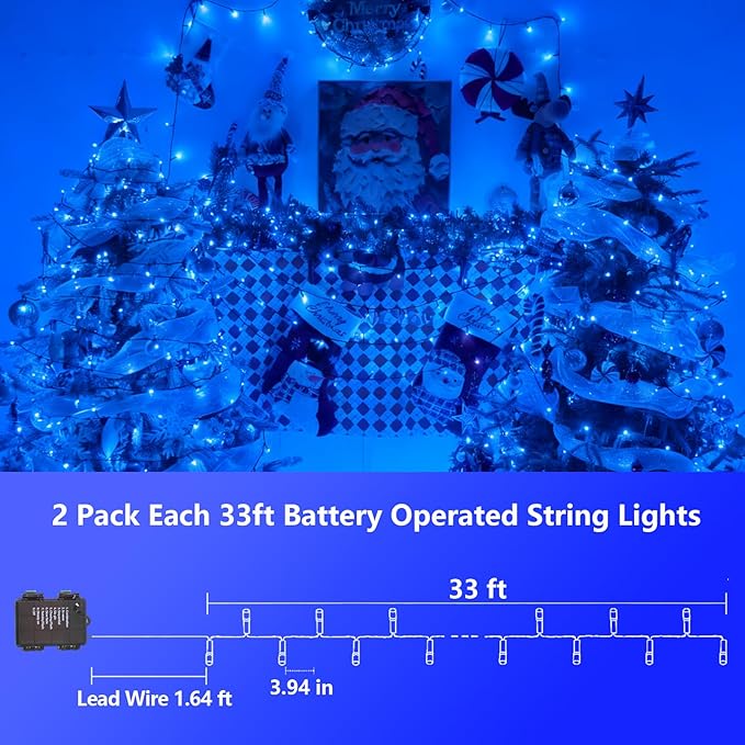 YEGUO Christmas Lights Battery Operated, 2 Pack Each 33ft 100 LED Blue String Lights Outdoor Waterproof, 8 Modes Green Wire Fairy Light Indoor with Remote