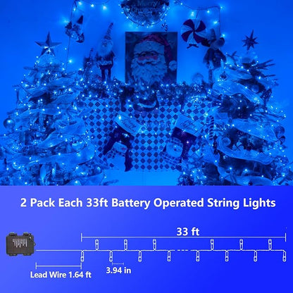 YEGUO Christmas Lights Battery Operated, 2 Pack Each 33ft 100 LED Blue String Lights Outdoor Waterproof, 8 Modes Green Wire Fairy Light Indoor with Remote
