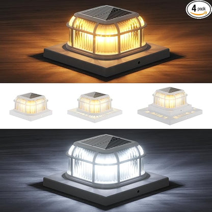 Solar Post Light 4 Packs with 4x4, 5x5 and 6x6 Inches Base for Vinyl/Wooden Posts, Bright 16 LEDs Solar Cap Lights with Two Light Modes for Decorating Deck, Patio, Porch, Fence (White)