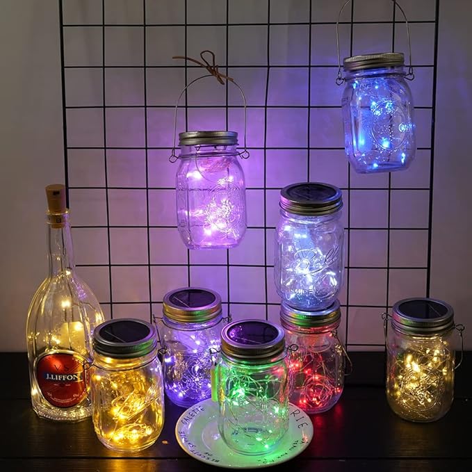 Miaro 8 Pack Mason Jar Lights, 20 LED Solar Warm White Fairy String Lights Lids Insert for Garden Deck Patio Party Wedding Multicolor