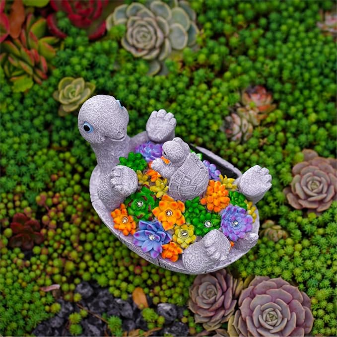 Solar Turtle Figurines Garden Decor, Cute Turtle Statue with Baby with 7 LED Solar Lights Garden Lawn Decorations for Patio & Yard, Gifts for Mom, Gery