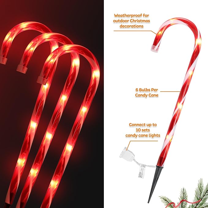 Christmas Candy Cane Lights Outdoor Pathway，12Pack Light up Candy Canes 16" Christmas Sidewalk Walkway Lights with 72 Incandescent Large Lighted Candycane Outdoors Decorations Yard Stakes