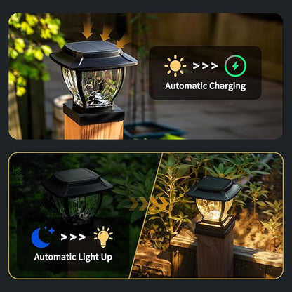 Solar Post Cap Lights Outdoor, Glass Deck Fence Post Cap Light Solar Powered for 4x4 Vinyl/Wooden Posts, Solar Lamp Post Light with 2 Lighting Modes for Patio Garden, Bright Warm White (1 Pack)