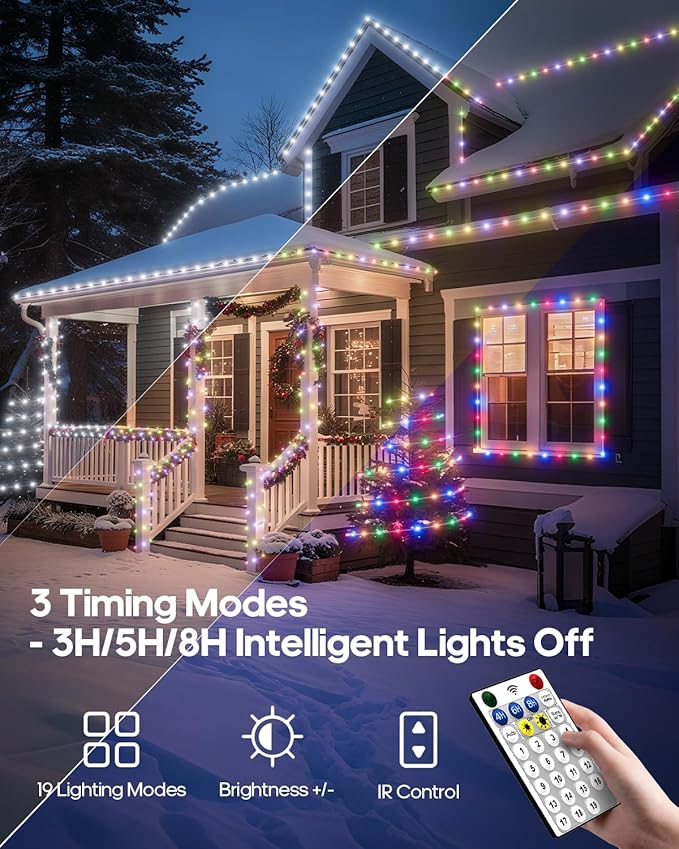 ICRGB Solar Lights Outdoor, 66FT 200LED 1800mah Solar Rope Lights with Remote, Type C, 19 Modes and Timer, IP67 Waterproof for Outdoor Christmas Pool Patio Porch Tree Wedding, Cool White to Multicolor