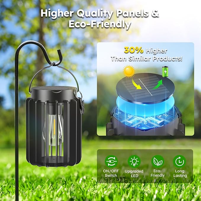 Solar Lanterns Outdoor Waterproof, Brighter Up to 12 Hrs Outdoor Hanging Solar Lights, Outside Hanging Lanterns for Garden Porch Patio Yard Decor, Gifts for Women Mom Father Black 2 Pack