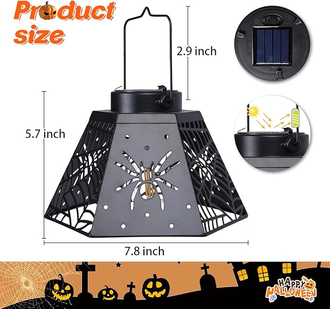 2-Pack 8.6" Halloween Solar-Powered Lanterns with Spider Outdoor Lantern Projection Lights, Waterproof Solar Stake Lights for Garden, Yard, Pathway Decor
