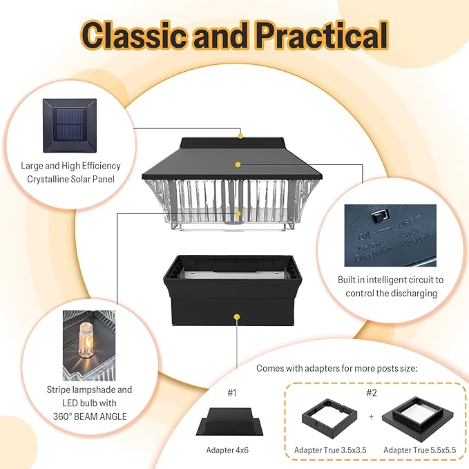8 Pack Solar Post Cap Lights - Classic #1: for Flat Surfaces & 4x4 Vinyl, Also Fits 4x6 Wood (Sits-On-Top), 25 Lumen 3000K Warm White, Outdoor Deck Fence Light, Waterproof, Matte Black