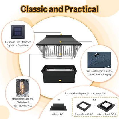 8 Pack Solar Post Cap Lights - Classic #1: for Flat Surfaces & 4x4 Vinyl, Also Fits 4x6 Wood (Sits-On-Top), 25 Lumen 3000K Warm White, Outdoor Deck Fence Light, Waterproof, Matte Black
