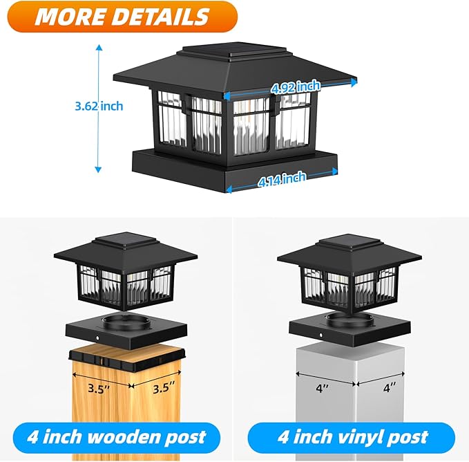EXCMARK 4x4 Solar Post Cap Lights, 8 Pack Fence Deck Post Lights Outdoor Solar Powered Waterproof with Two Light Modes Warm&Cool White for Garden Patio Decor.(Classic Black, 8)
