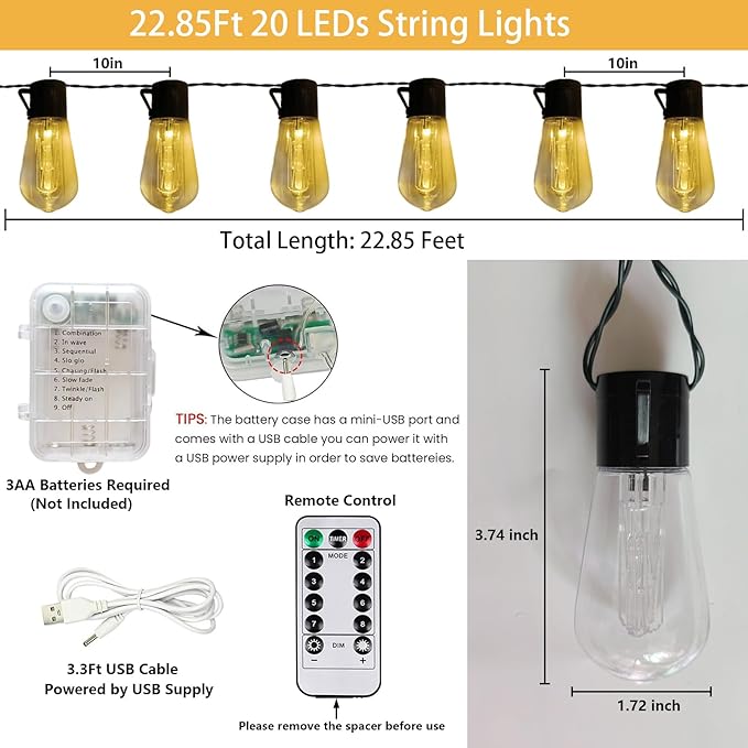 Battery Operated Outdoor Lights 22.8Ft 20 LED Edison Bulbs String Lights with 8 Modes & Timer, USB Plug in Fairy String Light for Indoor, Outdoor, Bedroom, Balcony, Patio, Camping, Christmas Decor