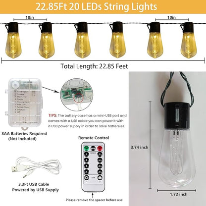 Battery Operated Outdoor Lights 22.8Ft 20 LED Edison Bulbs String Lights with 8 Modes & Timer, USB Plug in Fairy String Light for Indoor, Outdoor, Bedroom, Balcony, Patio, Camping, Christmas Decor