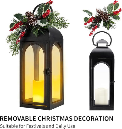 Decorative Candle Lanterns Outdoor Large 15.5“ Battery Powered Hanging Lanterns with Flameless Candle for Front Porch, Entrance, Indoor, Black, 1 Pack