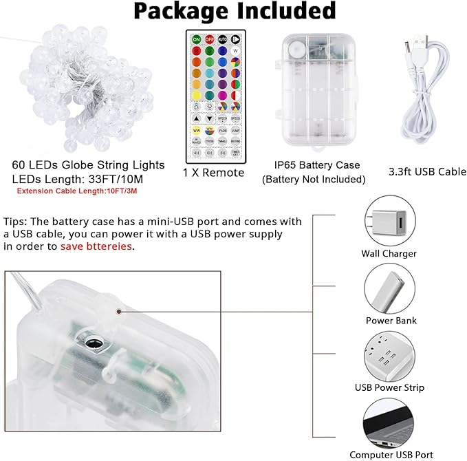 OMIKA 33FT Battery Operated String Lights, 24 Colors +Warm White 60 LEDs Battery Operated Christmas Lights, Indoor Outdoor USB Powered Fairy String Lights for Xmas Bedroom Garden Patio Balcony Decor