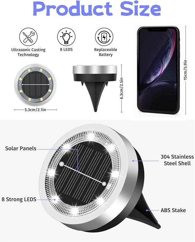 2-Pack Cool White Flat Solar Walkway Lights, Waterproof LED