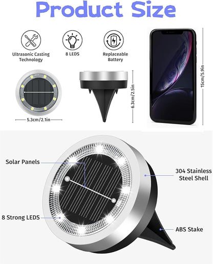 Mini Solar Ground Lights 2 Pack Outdoor IP65 Waterproof Solar Flat Garden Light Solor Powered Disc Pathway Lights for Outside Walkway Yard Landscape Patio Lawn Driveway-Cool White